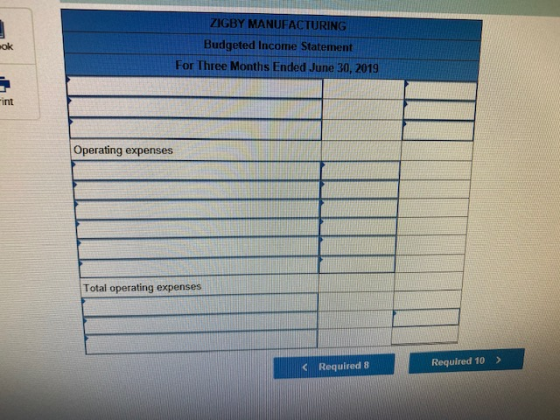 ZIGBY MANUFACTURING Budgeted Income Statement ok For Three Months Ended June 30, 2019 int Operating expenses Total operating