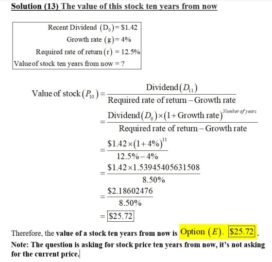 Solution (13) The value of this stock ten years from now Recent Dividend (D)= $1.42 Growth rate (g)=4% Required rate of retur