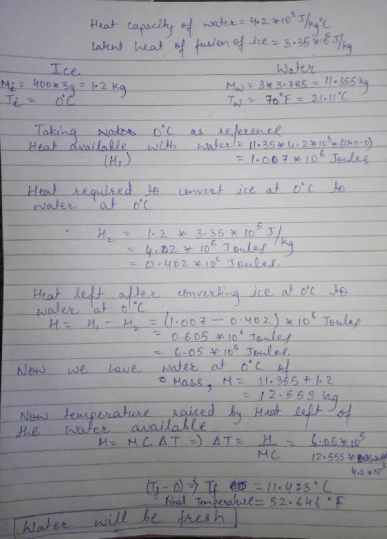 Heat capacity of water= 42*10 35/K9C Latent heat of fusion of icl = 3.35 x 155/kg Water Mw = 3*3-785 = 1.355 kg Ice Me = 400*