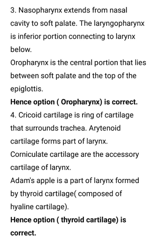 3. Nasopharynx extends from nasal cavity to soft palate. The laryngopharynx is inferior portion connecting to larynx below. O