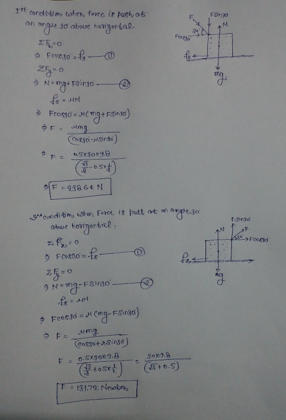 condotim tohen, force is push at FSingd an angie s0 aboue hotigentae.. N. Fcoo ZRO FeosJo = N =P Fcogd CT+ FSinso) o5x30x9.8