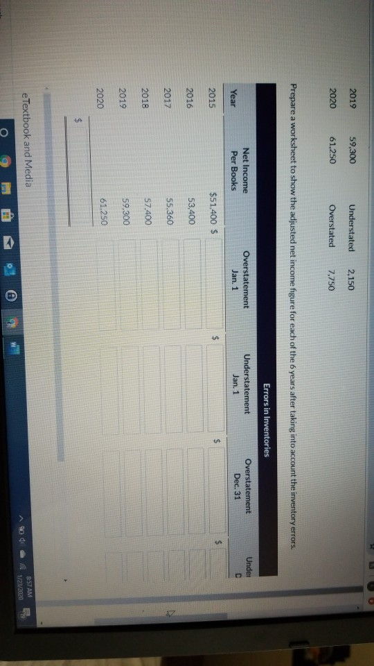 Understated 2,150 2019 2020 59,300 61,250 Overstated 7.750 Prepare a worksheet to show the adjusted net income figure for eac