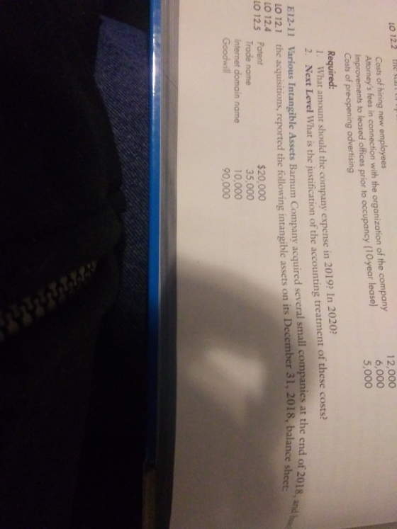 LO 12.2 treba Costs of hiring new employees 12,000 Attorneys fees in connection with the organization of the company 6,000 I