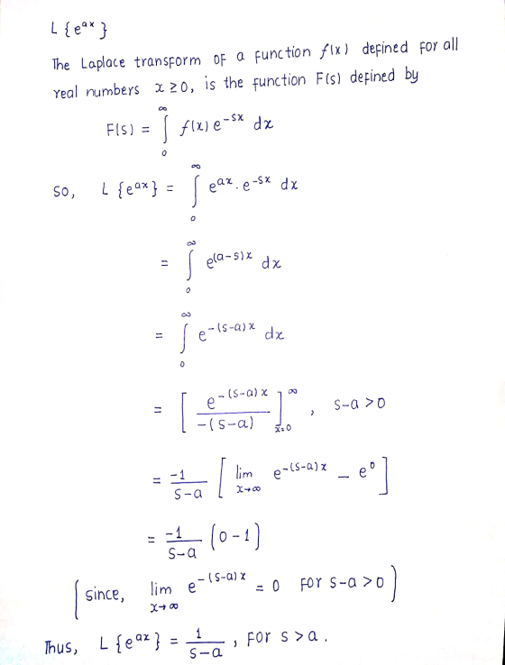 lim e-15-a) x Leax } The Laplace transform of a function flx) defined for all Yeal numbers 220, is the function Fis) defined