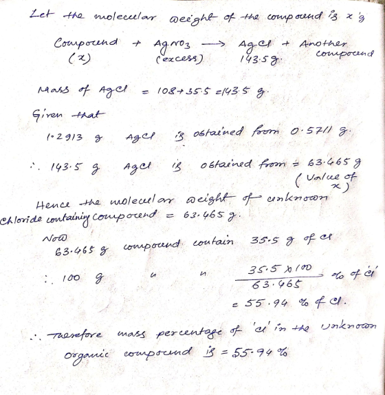 Let the molecular weight of the compound is x g. & Compound (x) O AgNO3 rexcess) age & 143.5g. another Сорос = 108+ 35.5 2143