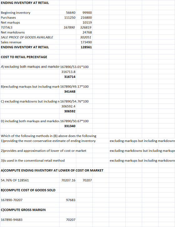 ENDING INVENTORY AT RETAIL 56640 111250 167890 Beginning inventory Purchases Net markups TOTALS Net markdowns SALE PROCE OF G