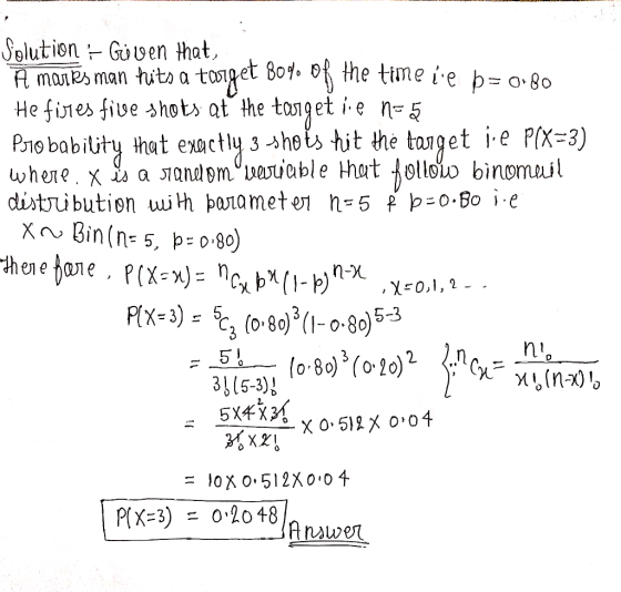 Solution :- Given that, A marks man hits a target 80% of the time ise b=0.80 He fires five shots at the target le n= 5 Psroba