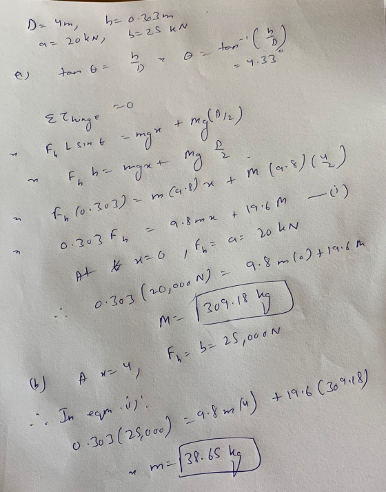 D- win, = 0.303m b=25 KN a- 20kn, ton (2) ? D - 4.33 a) ton & = -o Elringe En flsins – mgr + mille) harger mg & (0.303) – n (