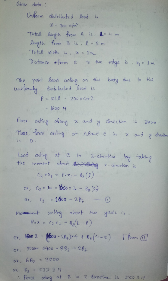 Giren data Uniform distaibuted oad is w-200 N/ Total lagth from A is, L4M langth from Bis R-2m Total coidth is, x2m Distance