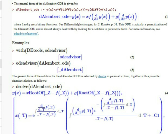 The general form of the dAlembert ODE is given by > dAlembert-ode := y(x)-x4(diff(y(x),x))-g(diff(y(x),x)); dAlembert od (1