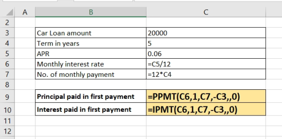 B 20000 Car Loan amount Term in years APR Monthly interest rate No. of monthly payment 0.06 =C5/12 =12*C4 Principal paid in f
