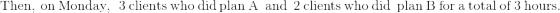 \mathrm{Then,\:on\:Monday,\:\:3\:clients\:who\:did\:plan\:A\:\:and\:\:2\:clients\:who\:did\:\:plan\:B\:for\:a\:total\:of\:3\:hours.}