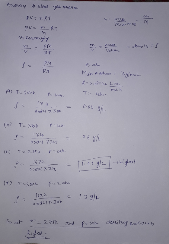 Anording to ideal gas equation PV = nRT na mas Molarmas PM PV = MRT on Rearranging m = PM RT m = man a density af Volume sa P
