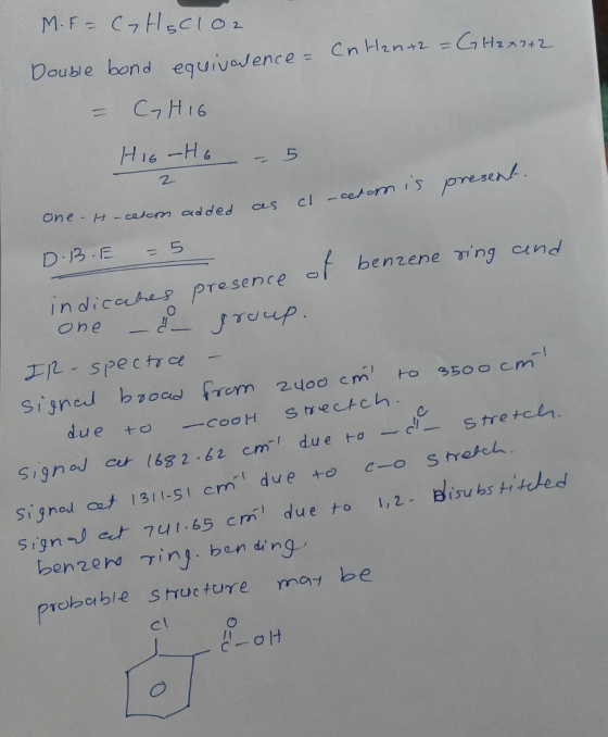 M.F - (7Heclo2 Double bond equivalence - CnH2n+2 = GH2x142 - CHIG HIG-H6 - 5 2 one group. -ceton added as cl -cetom is presen