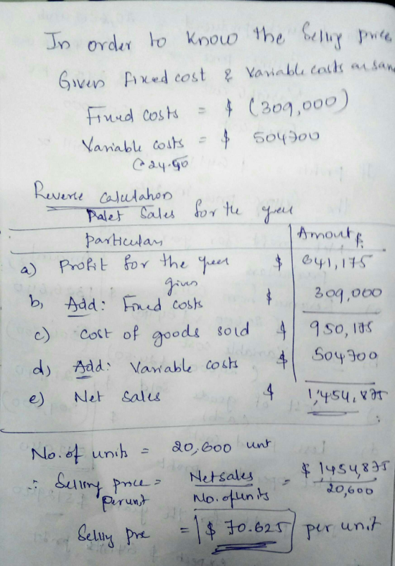 In order to know the bestup price Govers fixed cost & variable costs an sana Fined costs - ¢ (309,000) Variable costs = 8 504