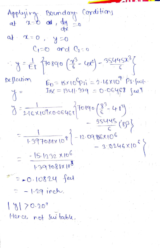 Applying Boundary Conditions da at =0 yoo CO and C2=0 y en frosqu (- 41035445x} Deflection 7 Ep = 15X10 psi = 2.16x109 Ps.foo