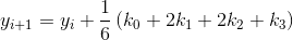 y_{i+1} = y_i + \frac{1}{6}\,(k_0+2k_1+2k_2+k_3)