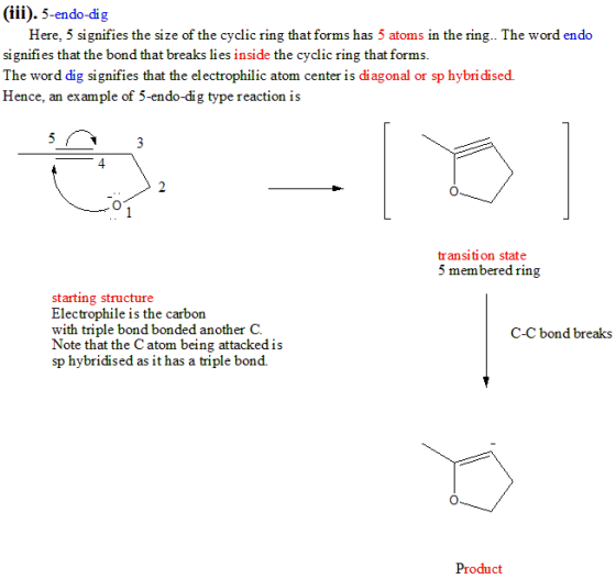 (iii). 5-endo-dig Here, 5 signifies the size of the cyclic ring that forms has 5 atoms in the ring.. The word endo signifies