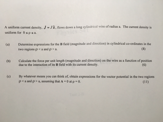 A uniform current density, J J2,flows down a long