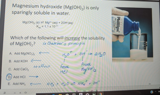 Magnesium hydroxide (Mg(OH)2) is only sparingly soluble in water. Mg(OH)2 (s) Mg2 (aq) + 20H(aq) Ksp 1.1 x 10-11 Which of the