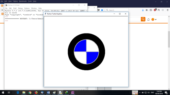 Eile Edit View History Bookmarks Iools Help Python 3.7.0 Shel File Edit Shell Debug Options Window Help Python 3.7.0 (3.7.0:lbf9cc5093, Jun 27 2018, 04:59:51) [MSC v.1914 64 bit (AMD6 4) on win32 Type copyright,credits or licens C Search Python Turtle Graphics RESTART: C:/Users/Admin 1:04 PM ^ P4) ENG 06/09/2018