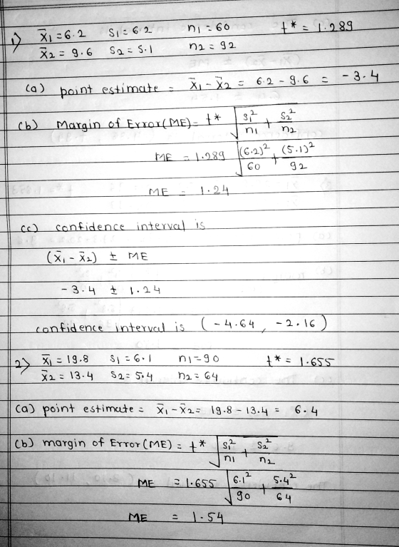 ni:60 +*: 1.289 Si= 6.2 a 71 = 6.2 X2=9.6 S2: S na = 92 -3.4 (و) x - x2 = 6.2 - 9.6 estimate point 522 3,2 ni cb) Margin of E