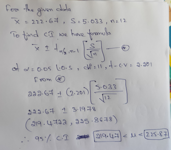 for the given dada X=222.607, s=5.033, n=12 To find c.I we have formula alainel at a = 0.05 lois, df=11, do cv=2.201 S AX fro