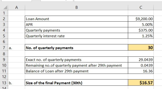 В C 1 $9,200.00 2 Loan Amount APR 5.00% Quarterly payments Quarterly interest rate $375.00 4 1.25% 6 No. of quarterly payment