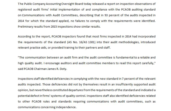 The Public Company Accounting Oversight Board today released a report on inspection observations of registered audit firms i