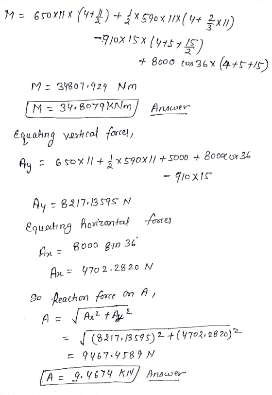 M = 650 X11 X (4+) + 2 x 590 x 11x(4+ {x II) -910X15X (4+5+) + 8000 (Us 36 X (4+5+15) M = 348071929 Nm IM= 34.8079 KNm / nowe