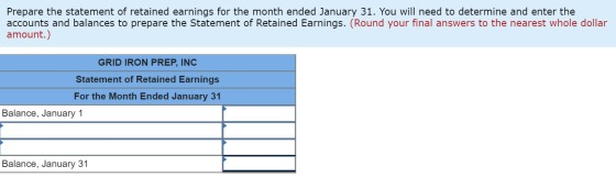 Prepare the statement of retained earnings for the month ended January 31. You will need to determine and enter the accounts