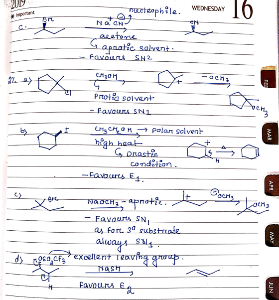 .. (2017 e plecteophile. WEDNESDAY * Important natgear N acetone Gapratic solvent. - Favours SN2 CH3OH, Protic solvent CH3OH