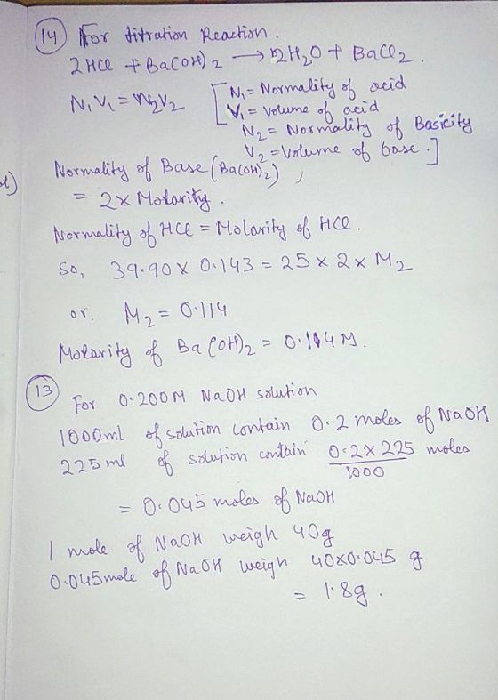 (14) for ditration Reaction. 2He & BacOH) 2 H₂O + Ball2. Ni MV2 Ni Normality of acid V = volume of acid N₂ = Normality of Bas