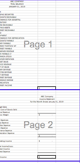 ABC COMPANY TRIAL BALANCE JANUARY 31, 2019 DING SECURITIES OUNTS RECEIVABLE WANCE FOR DOUBTFUL ES RECEIVABLE PAID ASSETS ERES