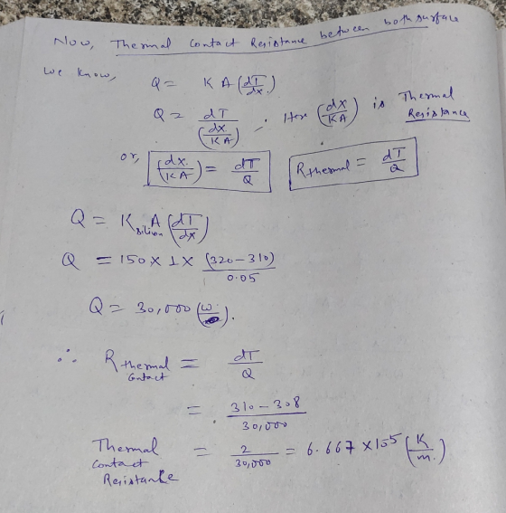 both surfa Now, Thermal Contact it Resistane between Resistance we know, Q= KA (dB) Ihly di Resistance KA Q = kaina Q = 150x