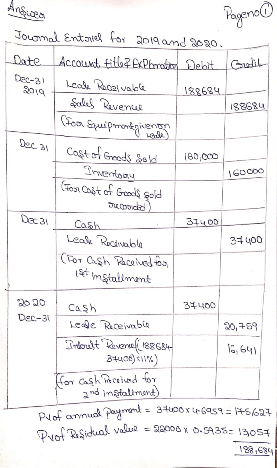 Pageno Journal Entriel for 2014 and 2020. Date Credit Dec- 31 2019 Account titleExplanation Debit Leak Receivable 188684 sale