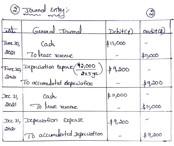 ② Journal Entry pat General Journal Debited credits $11,000 Cash June 30, 2021 To lease revenue $11,000 $9,200 200 Ture 30, D