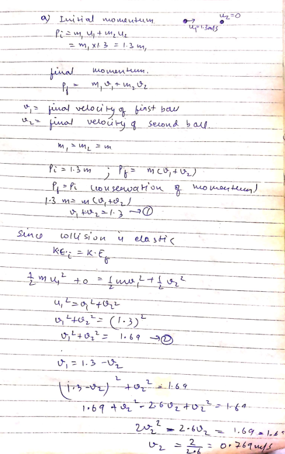 ms a Initial momentum. - Р; - м, и, + м, Ч, . - м, x 3 = 1.3 м, по малим. — fi - м, 9, + м, 3.. , final velocity of first bo