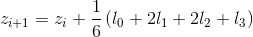 z_{i+1} = z_i + \frac{1}{6}\,(l_0+2l_1+2l_2+l_3)