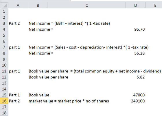 DE 1 3 Part 2 Net income = (EBIT - interest) *( 1 -tax rate) Net income = 95.70 5 6 7 part 1 Net income = (Sales - cost - dep