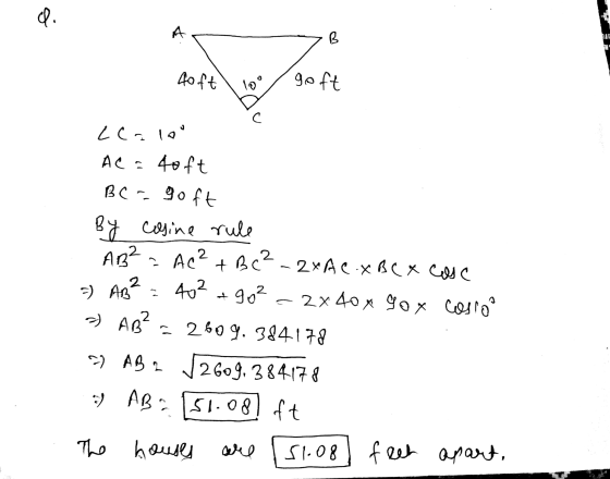 C. A B qoft 100 goft C LCaloo 2 a Ac² + AC = 4oft Bergoft By cosine rule AB² B C² - 2xAC XBCX Case =) AB²=402 +90² 2x40x yox
