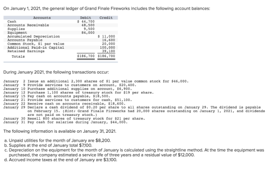 On January 1, 2021, the general ledger of Grand Finale Fireworks includes the following account balances: Credit Debit $ 44,7