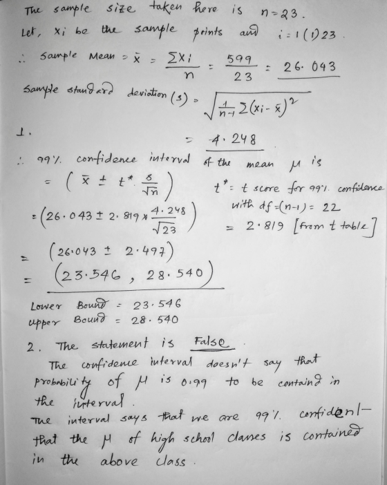 The sample size taken here is n-23. let, xi be the sample points and :=1 (1) 23 sample Mean = x= Exi. 599 = 26. 043 Mean Х Sa