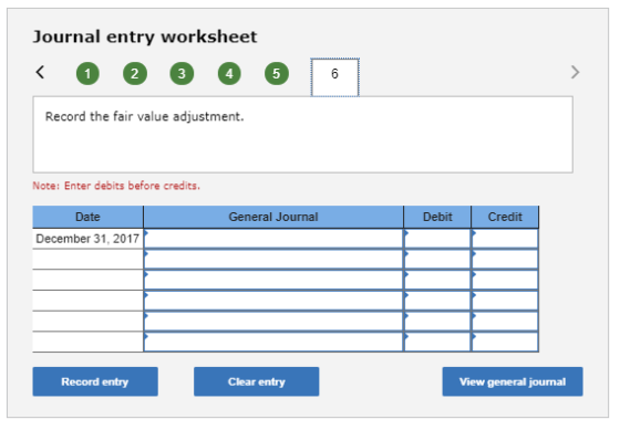 Journal entry worksheet Ko @ @ @ @ Ol Record the fair value adjustment. Note: Enter debits before credits. Date General Journ