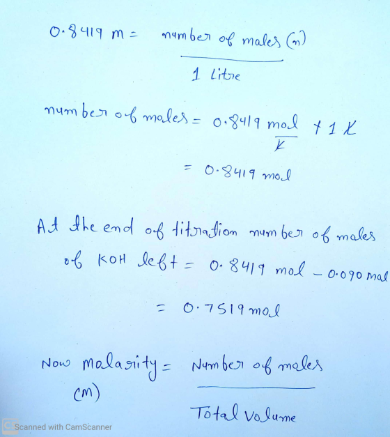 0.8419 m = number of males (n) 7 Litre number of males = 0.8419 mod + 1 x k =0.8419 mol Aut the end of titration number of ma