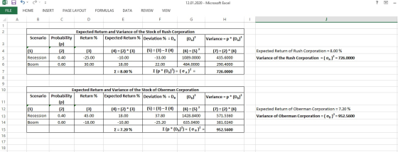 12.01.2020 - Microsoft Excel ? - Gas HOME INSERT PAGE LAYOUT FORMULAS DATA REVIEW VIEW E F H Scenario Expected Return and Var