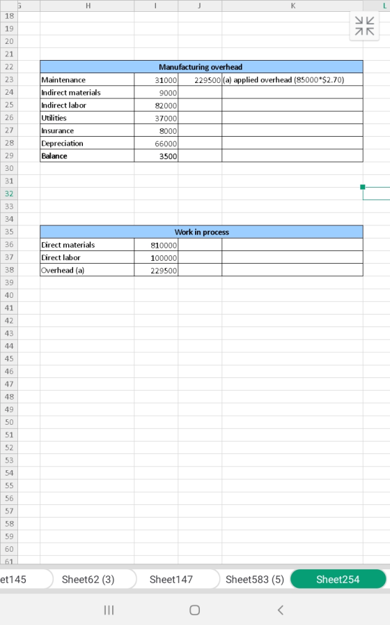 AK SK 25 26 Maintenance Indirect materials Indirect labor Utilities Insurance Depreciation Balance Manufacturing overhead 310