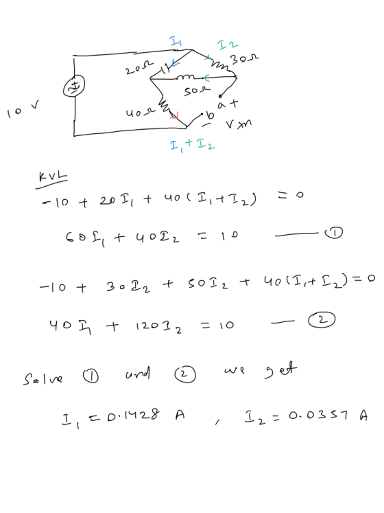 Il I2 3or 2o2 sor at 10v uore van It + I2 KVL -10 + 20 I, t た。 uoc I, t Iz) 6oft uolz 11 - O + -10 + 3o12 so IztuelIit I₂). 2