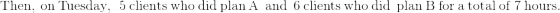 \mathrm{Then,\:on\:Tuesday,\:\:5\:clients\:who\:did\:plan\:A\:\:and\:\:6\:clients\:who\:did\:\:plan\:B\:for\:a\:total\:of\:7\:hours.}