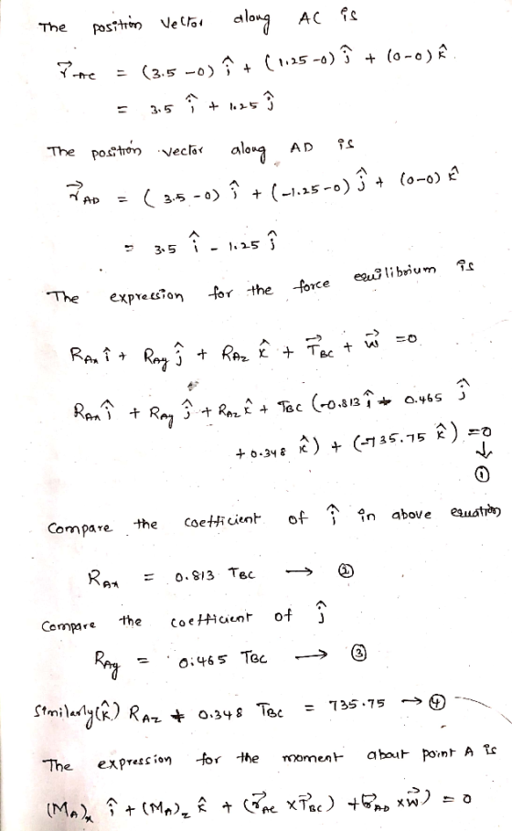 The position vector Pite = (3.5-0) along AC is + (1.25-0) Î + (0-0). The position vector along as is VAD = (3.5-0) ŷ + (-1.25
